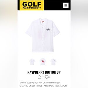 GOLF WANG Raspberry Button Up Men’s Small 100% Rayon Short Sleeve White Rare
